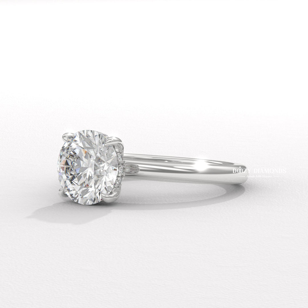 Round hidden halo engagement ring close-up highlighting diamond sparkle