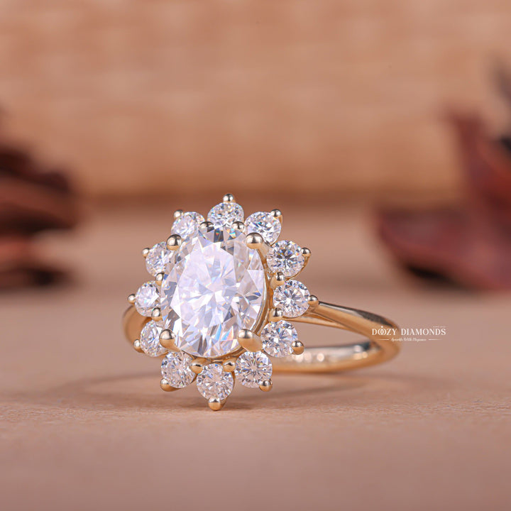 Oval halo lab grown diamond ring side profile in gold setting