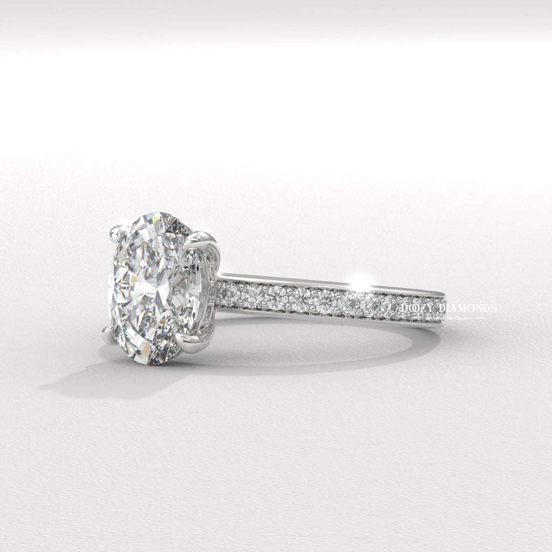 Side angle of oval solitaire diamond engagement ring
