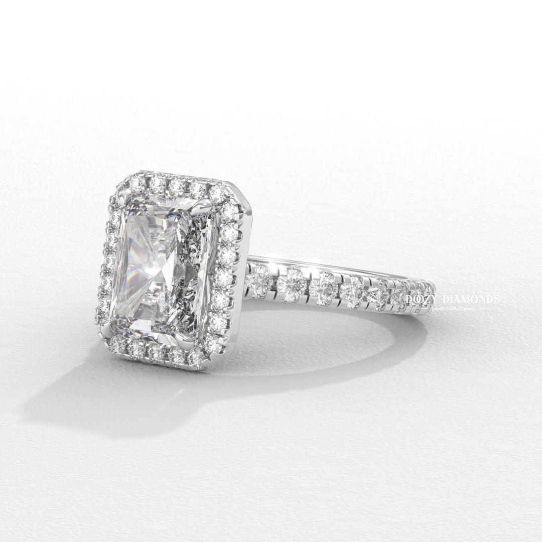 Fine craftsmanship detail on radiant halo engagement ring