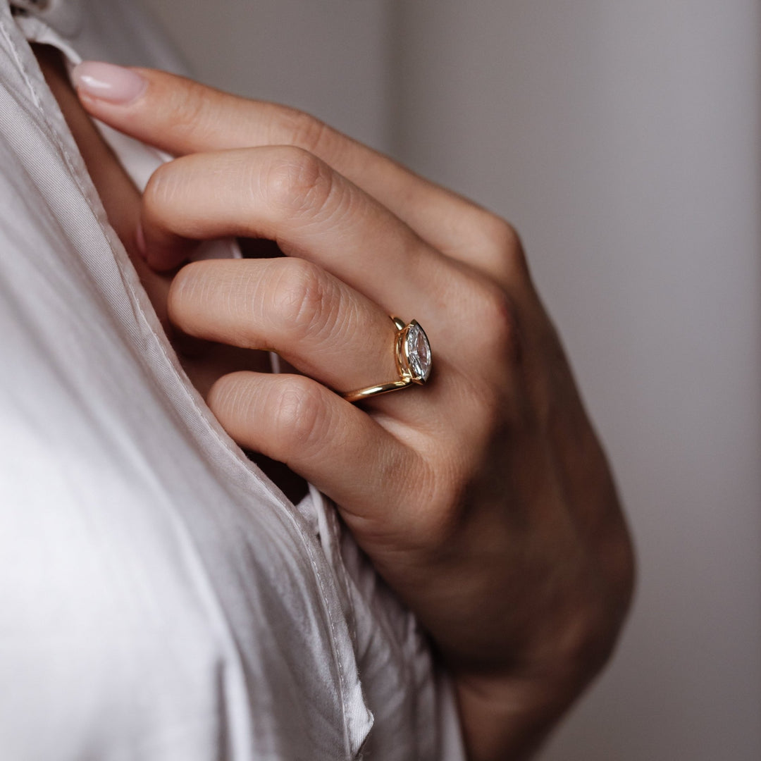 Handcrafted marquise cut solitaire lab grown diamond engagement ring