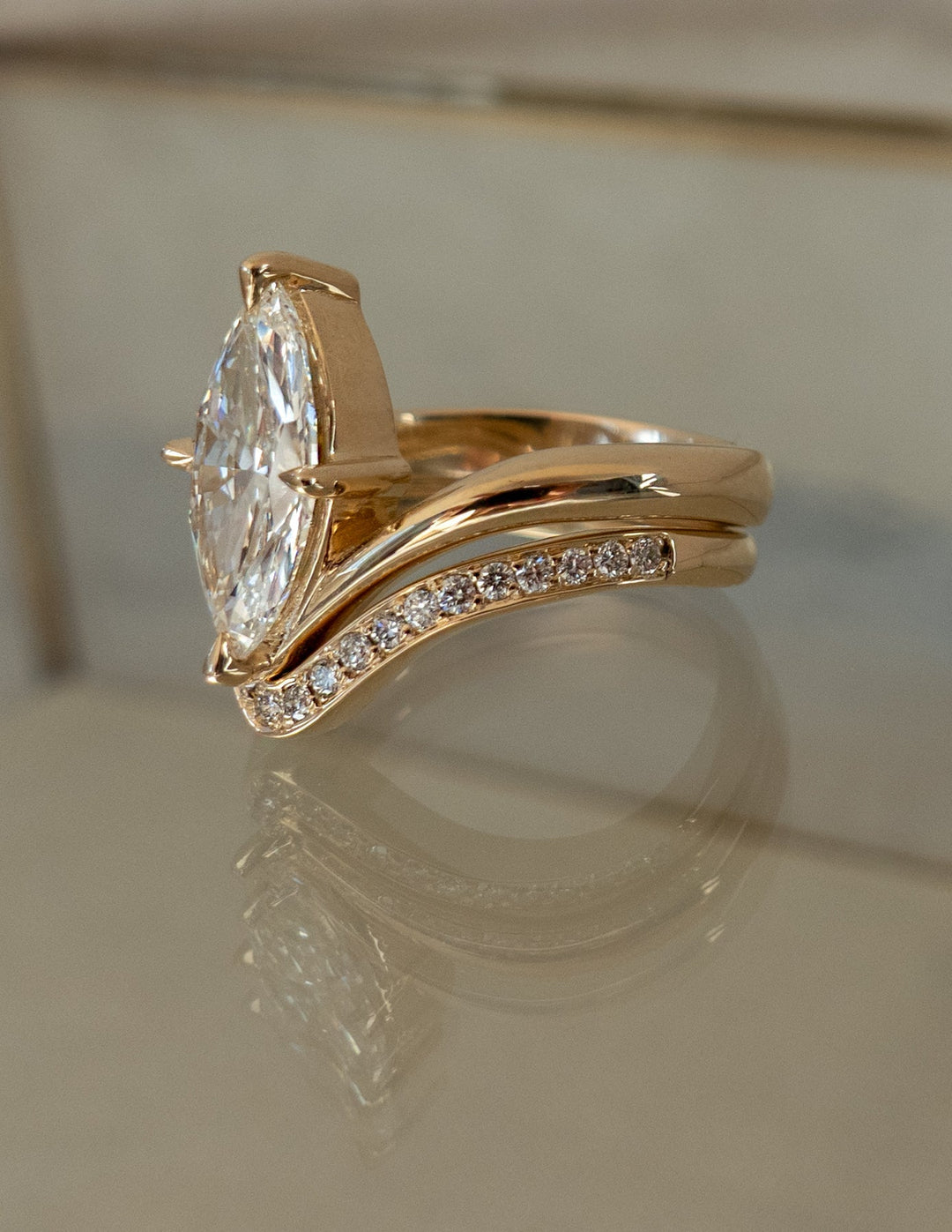 2.50CT Marquise Bypass Lab Grown Diamond Ring Yellow Gold Chevron Pave Band