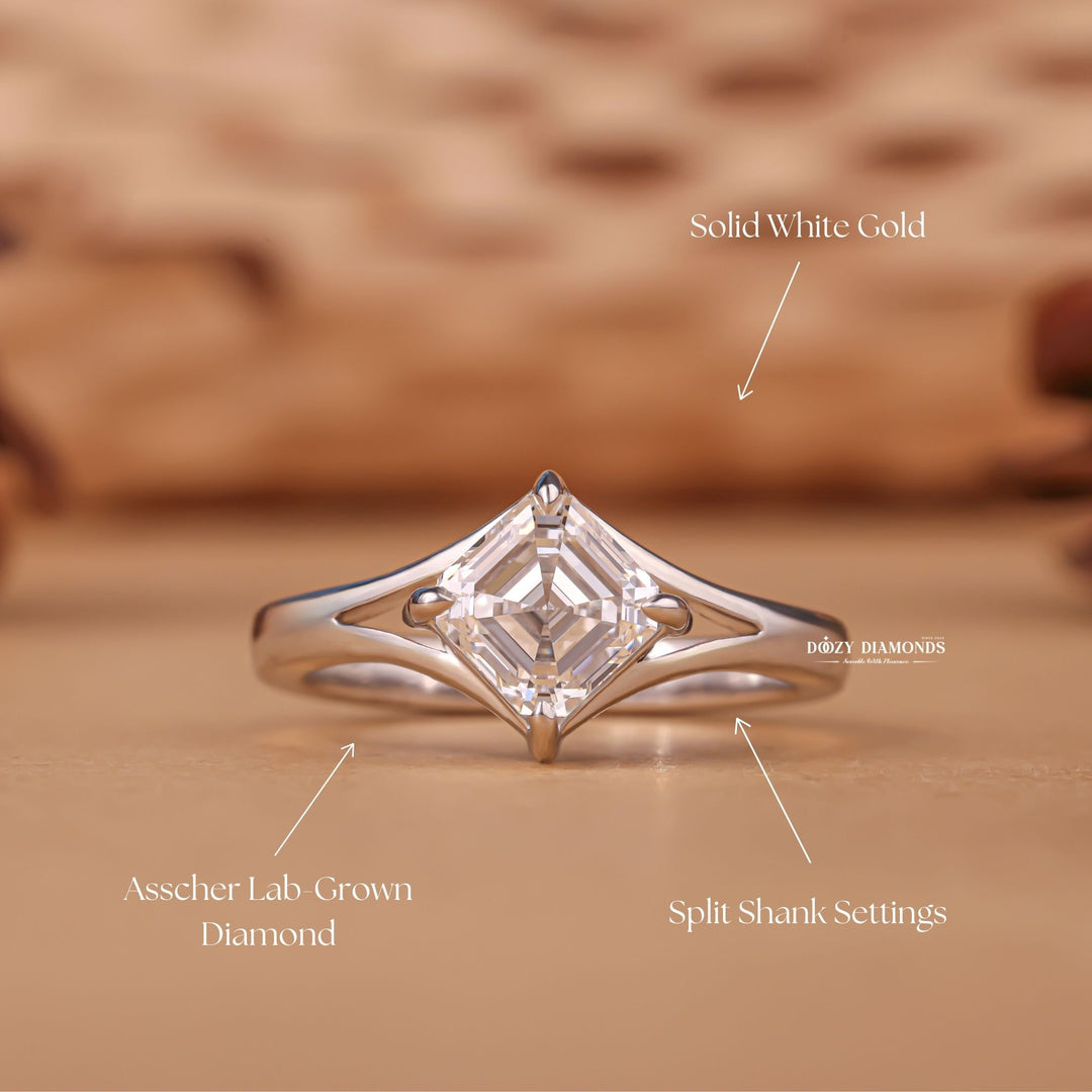 Detailed close-up of asscher split shank diamond engagement ring