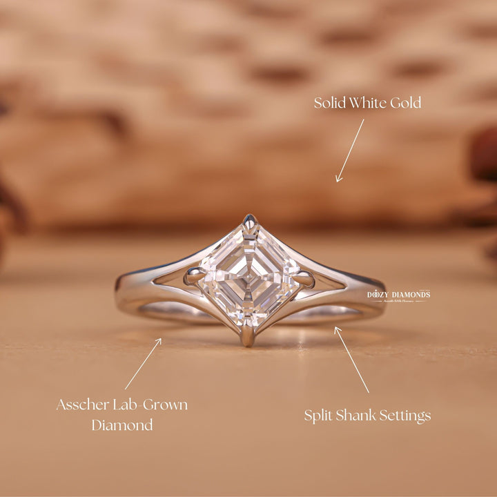 Detailed close-up of asscher split shank diamond engagement ring