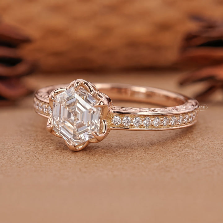2.0CT Hexagonal E/VVS1 Lab Grown Diamond Floral Halo Engagement Ring