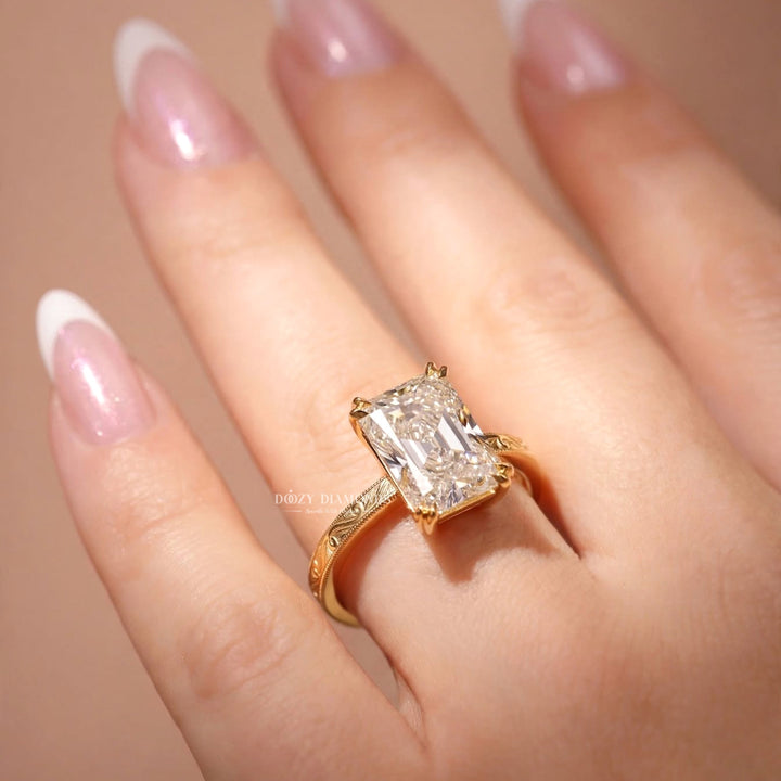 2.0CT Radiant E/VVS2 Lab Grown Diamond Engagement Ring, Engraved Vintage Gold Band