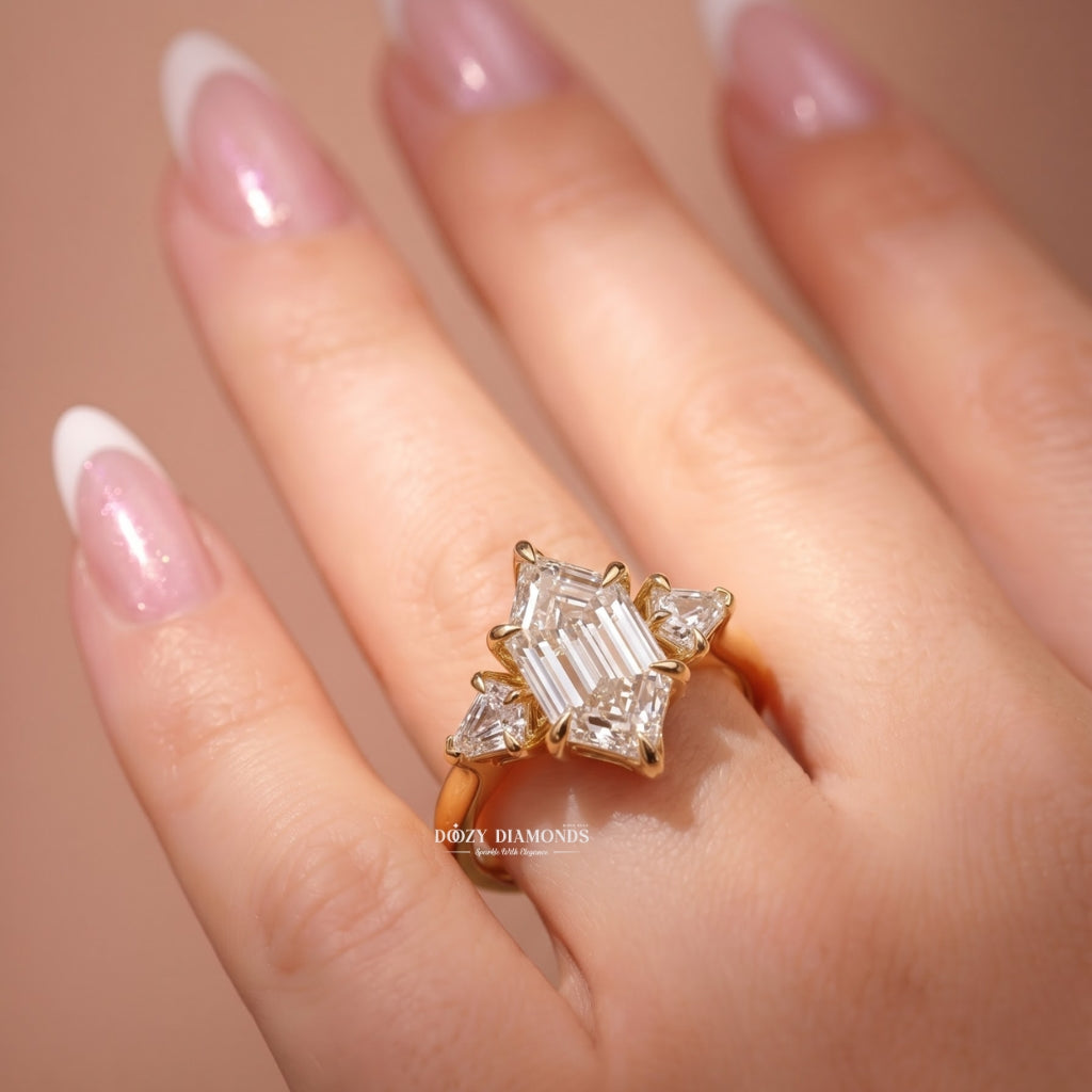 3.0CT Elongated Hexagon E/VVS1 Lab Grown Diamond Three Stone Engagement Ring - lab grown diamond engagement ring view 11