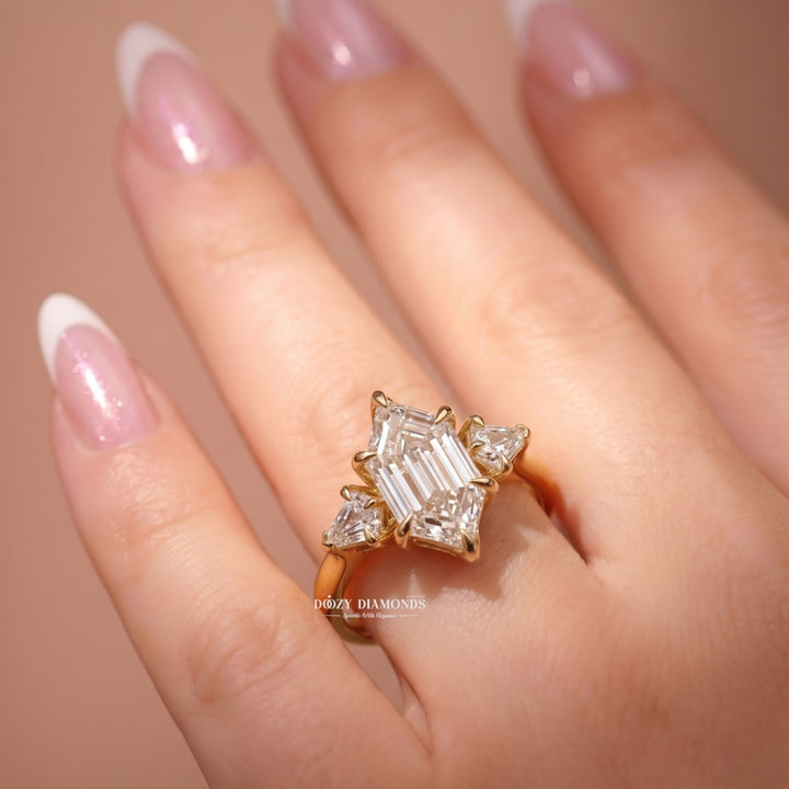 3.0CT Elongated Hexagon E/VVS1 Lab Grown Diamond Three Stone Engagement Ring - lab grown diamond engagement ring view 11