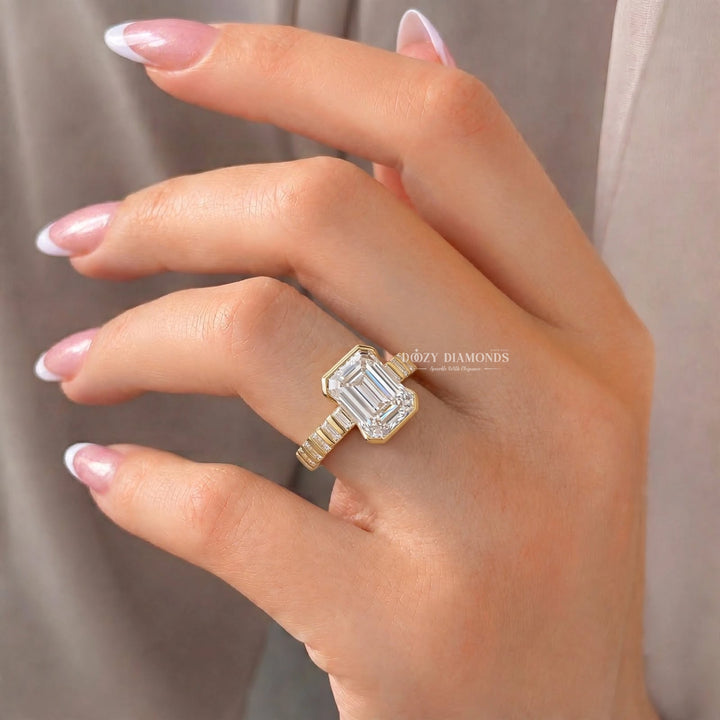 IGI Certified 2.50CT Emerald Cut Bezel Cut Lab Grown Diamond Engagement Ring