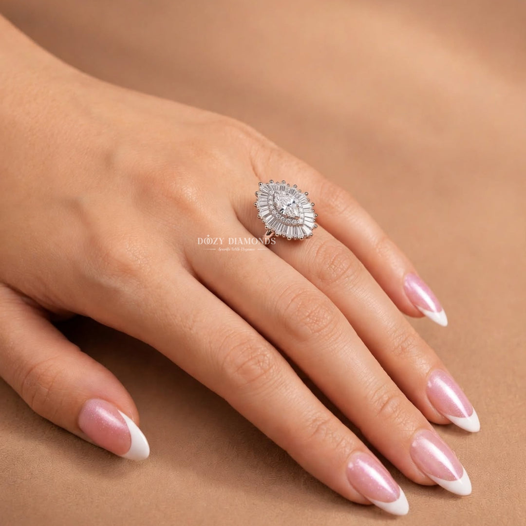 0.50CT Marquise Lab Grown Diamond Double Halo Cluster Engagement Ring