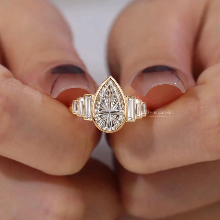 2.0CT Pear Cut F/VS1 Kaleidoscope Seven Stone Lab Grown Diamond Engagement Ring