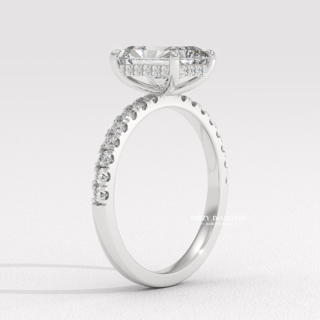 Radiant hidden halo engagement ring close-up showing high clarity diamond clarity