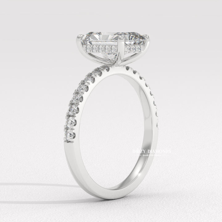Radiant hidden halo engagement ring close-up showing high clarity diamond clarity