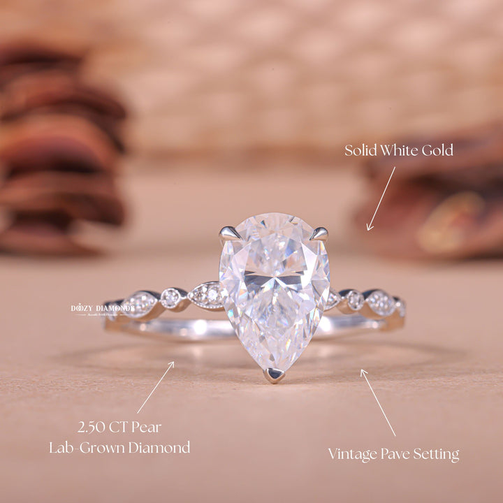 Pear pave lab grown diamond ring in jewelry gift box