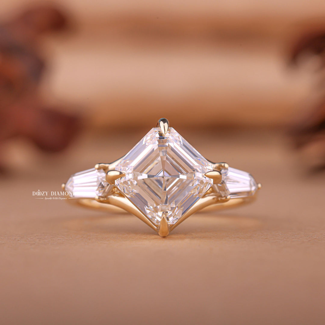 Discover asscher three stone lab grown diamond engagement ring online