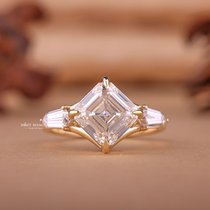 Discover asscher three stone lab grown diamond engagement ring online