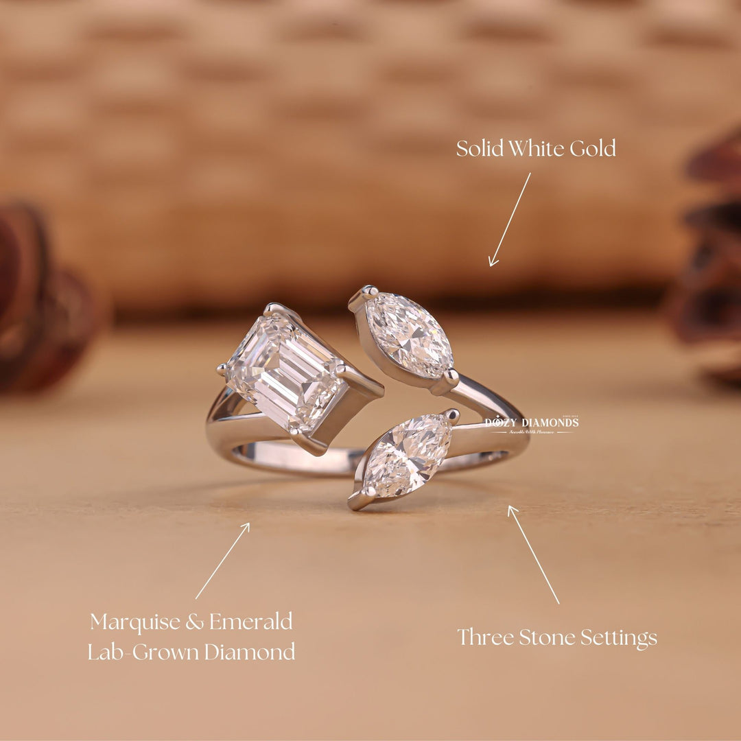 Detailed close-up of marquise three stone diamond engagement ring