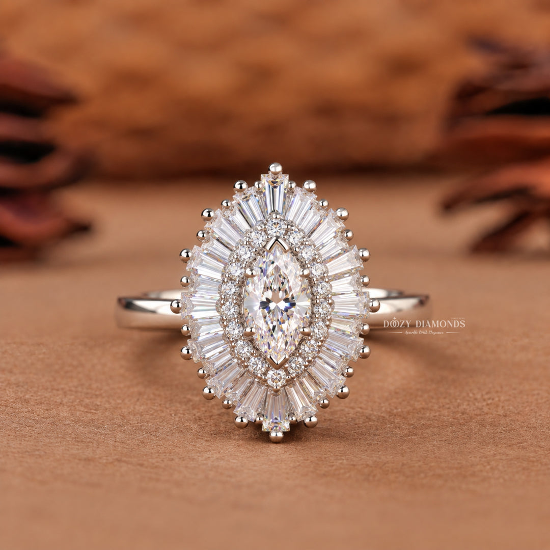 0.50CT Marquise Lab Grown Diamond Double Halo Cluster Engagement Ring