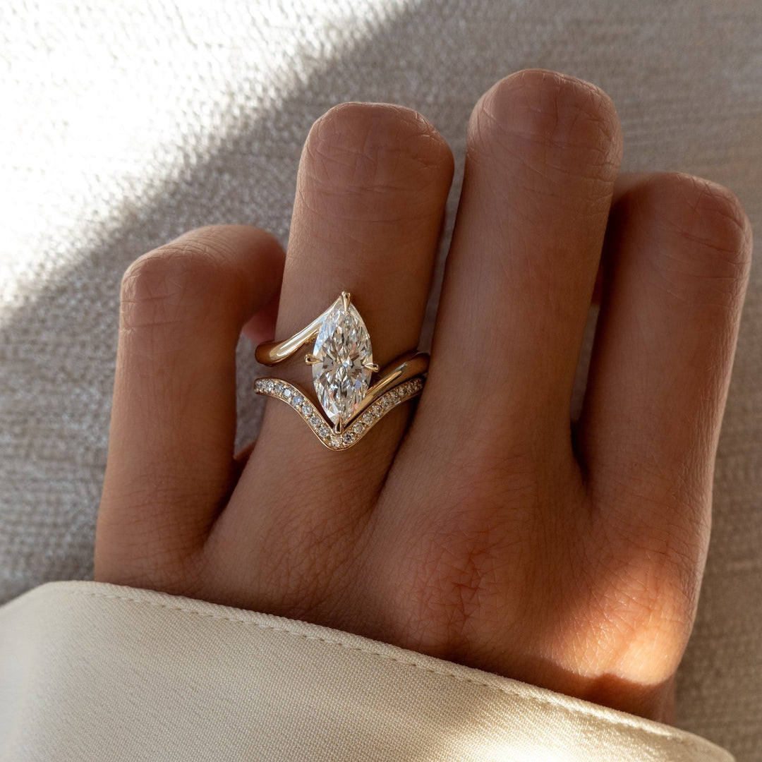 2.50CT Marquise Bypass Lab Grown Diamond Ring Yellow Gold Chevron Pave Band