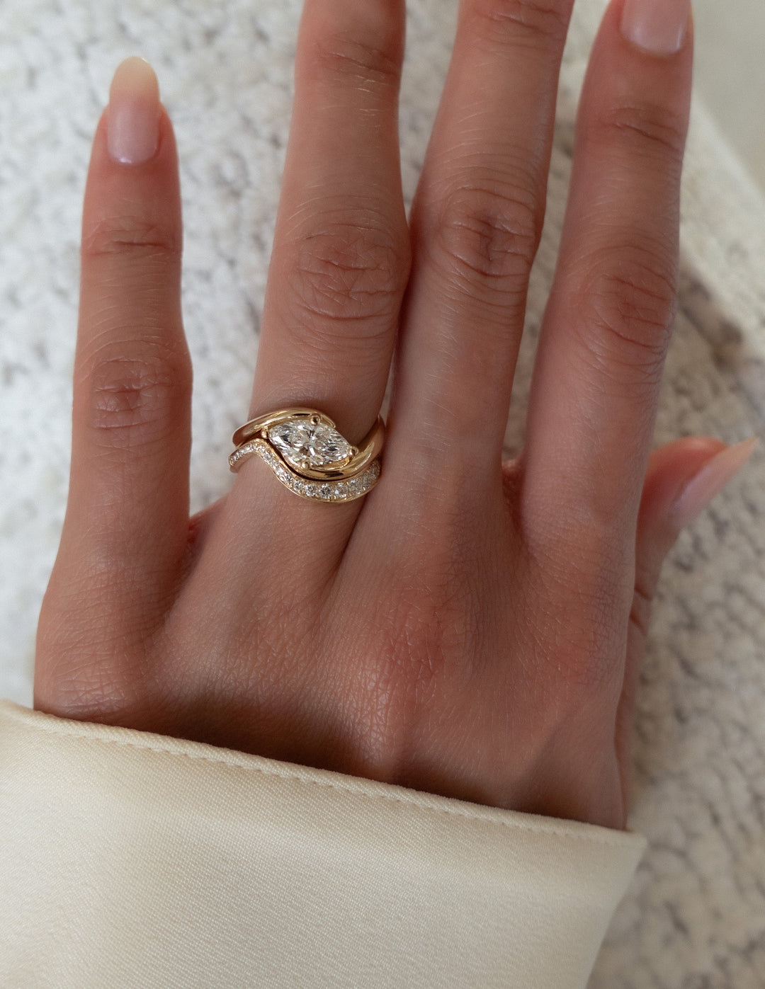 1.50CT Marquise Lab Grown Diamond Bridal Ring Stack Yellow Gold Pave Swirl Setting