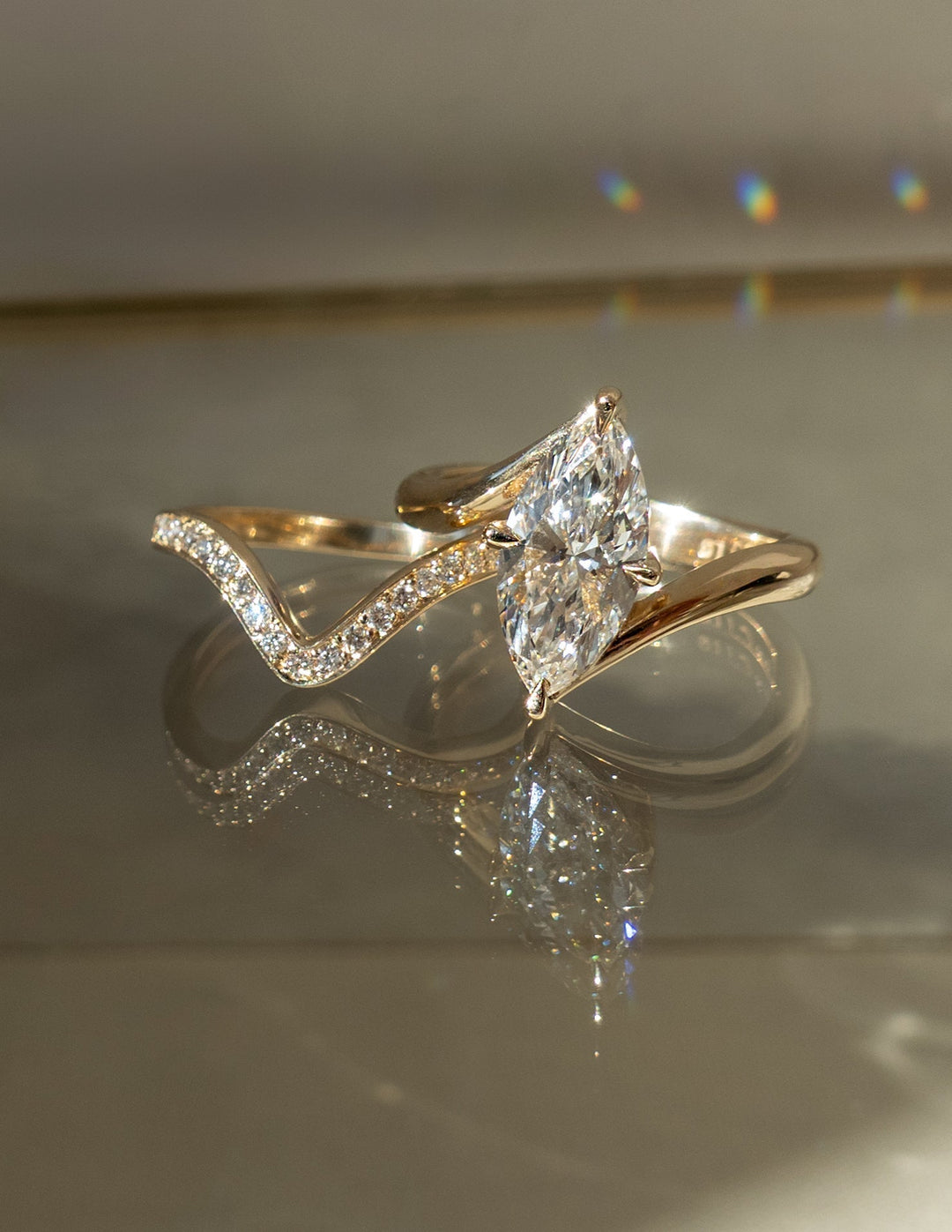 2.50CT Marquise Bypass Lab Grown Diamond Ring Yellow Gold Chevron Pave Band