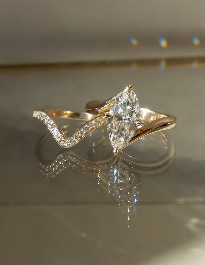 2.50CT Marquise Bypass Lab Grown Diamond Ring Yellow Gold Chevron Pave Band