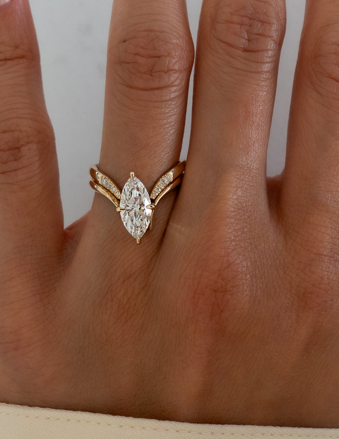 3.0CT Marquise Solitaire Lab Grown Diamond Ring Yellow Gold Chevron Pave Band
