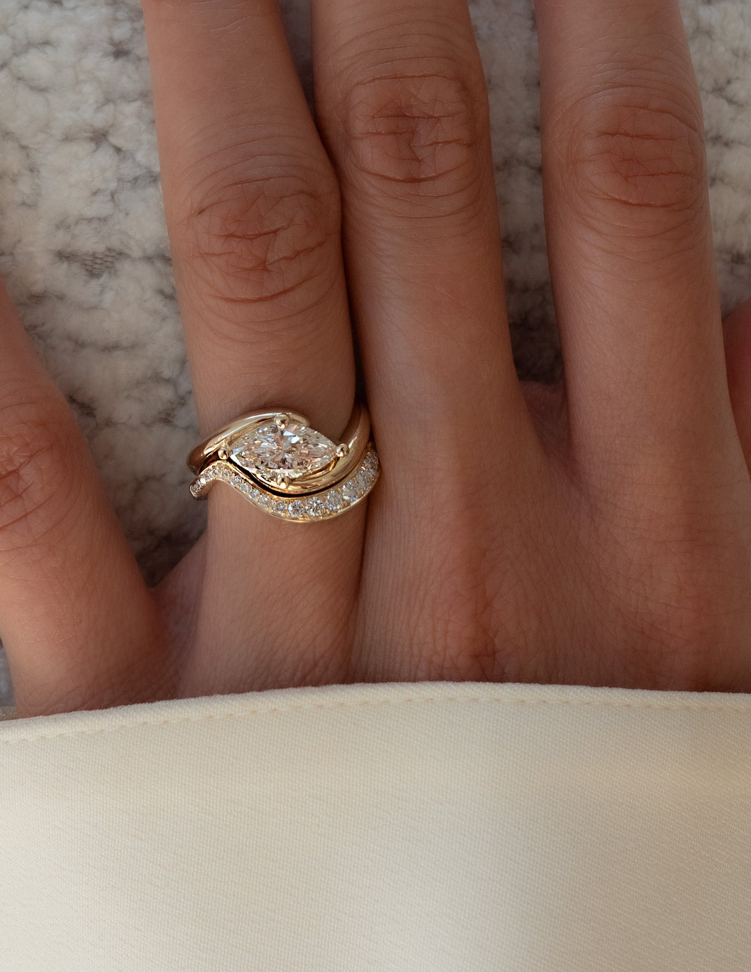 1.50CT Marquise Lab Grown Diamond Bridal Ring Stack Yellow Gold Pave Swirl Setting