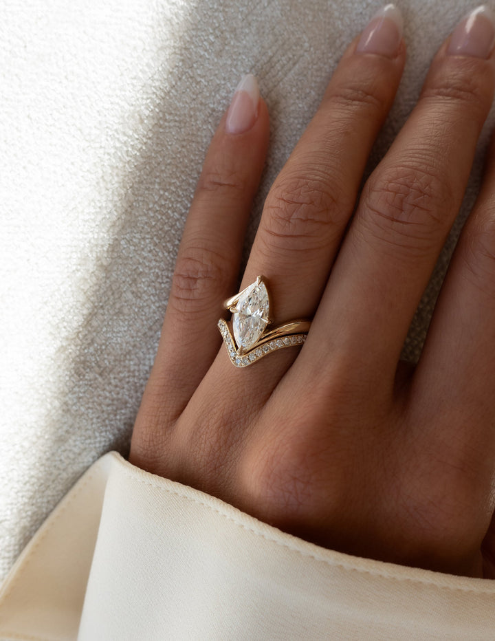 2.50CT Marquise Bypass Lab Grown Diamond Ring Yellow Gold Chevron Pave Band