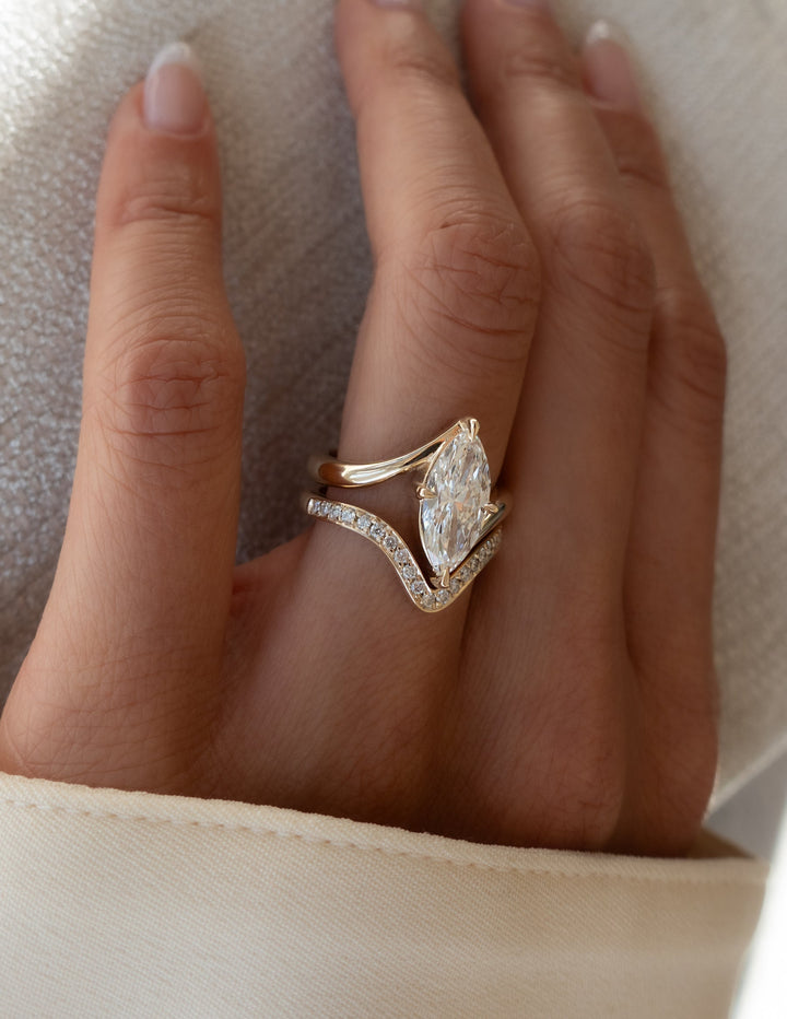 2.50CT Marquise Bypass Lab Grown Diamond Ring Yellow Gold Chevron Pave Band