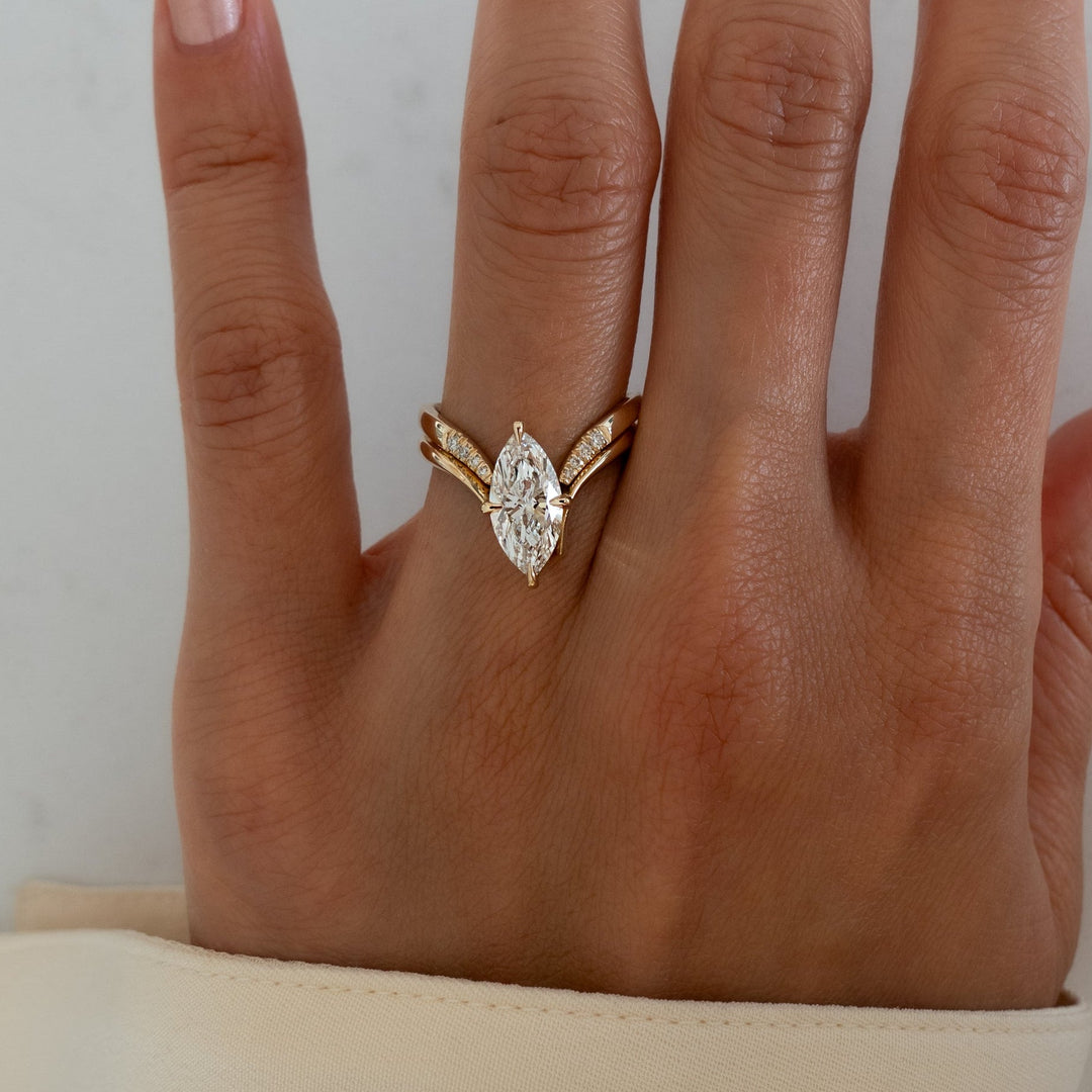 3.0CT Marquise Solitaire Lab Grown Diamond Ring Yellow Gold Chevron Pave Band