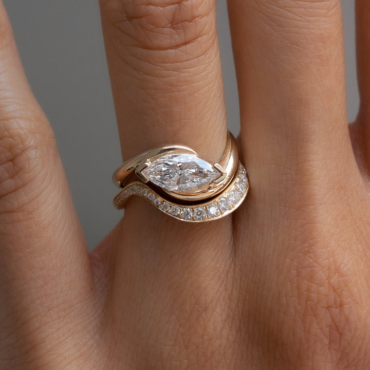 1.50CT Bezel Marquise Lab Grown Diamond Ring Yellow Gold East West Pave Band