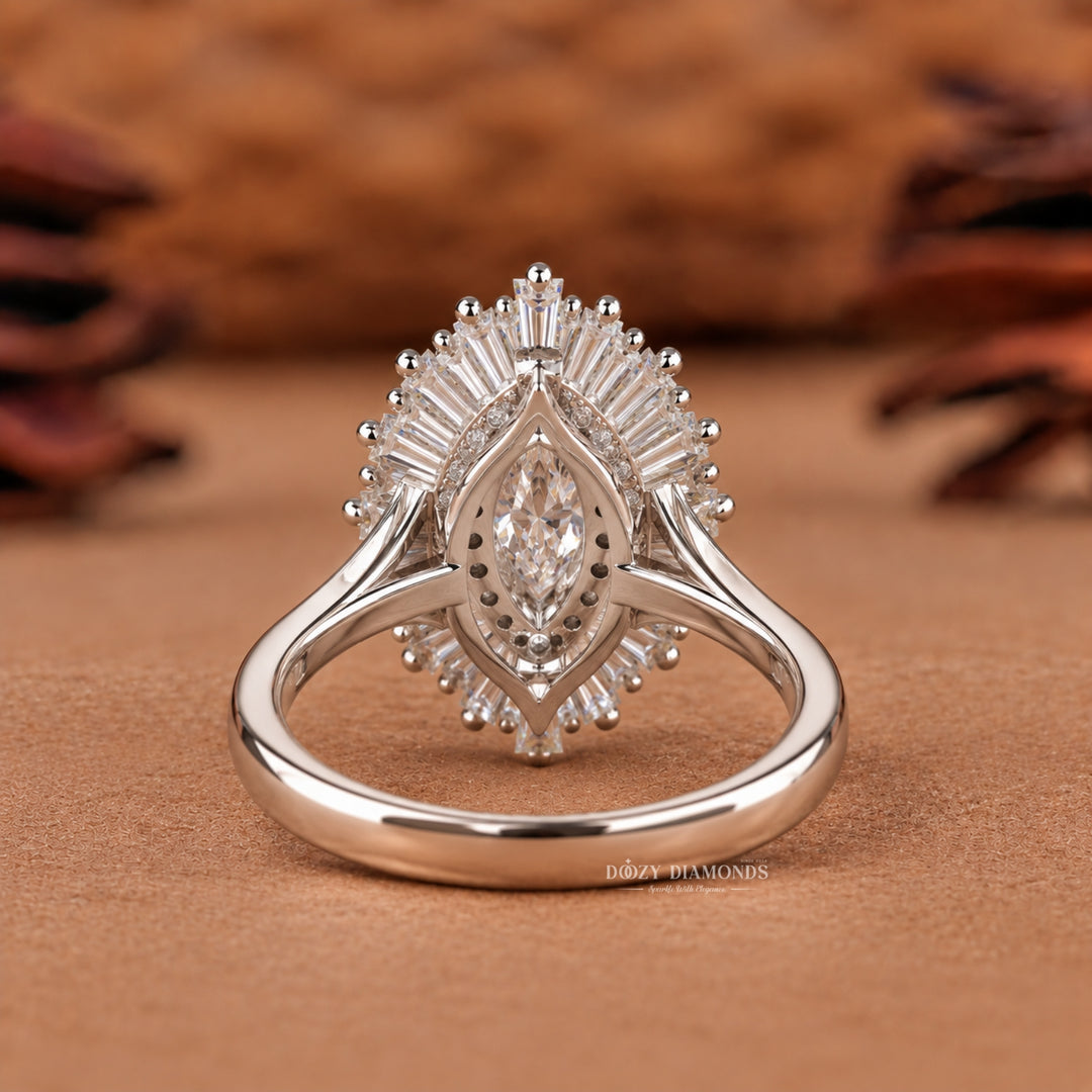 0.50CT Marquise Lab Grown Diamond Double Halo Cluster Engagement Ring