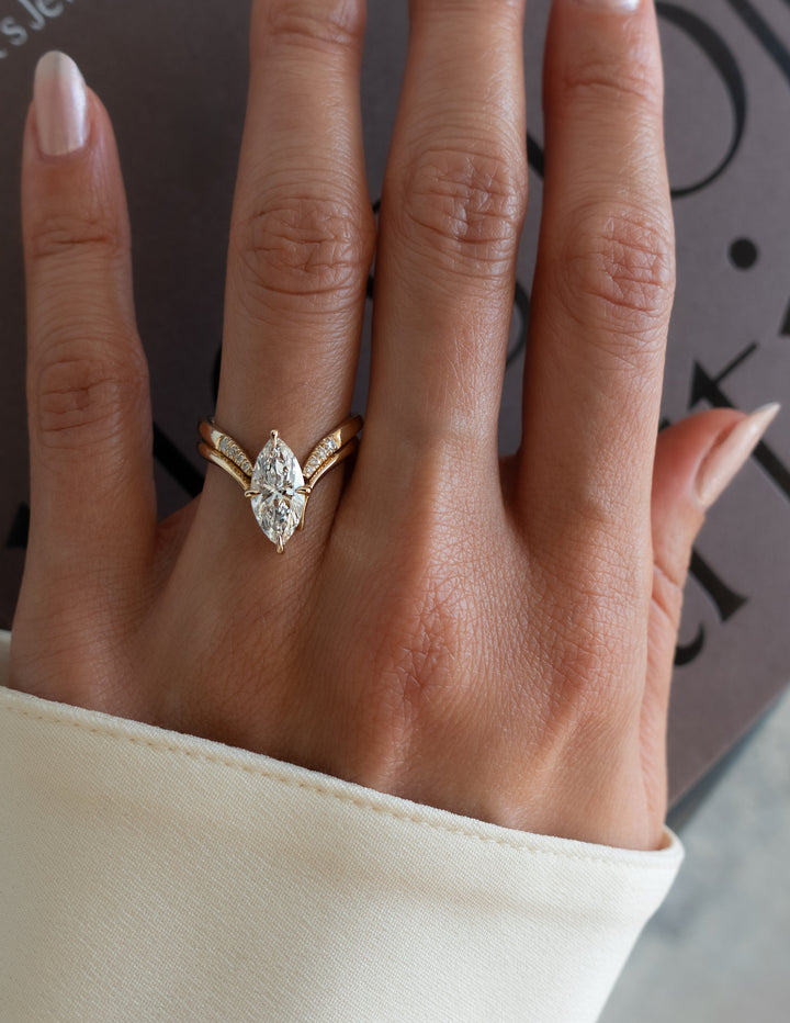 3.0CT Marquise Solitaire Lab Grown Diamond Ring Yellow Gold Chevron Pave Band