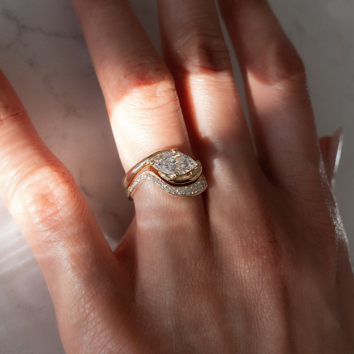 1.50CT Marquise Lab Grown Diamond Bridal Ring Stack Yellow Gold Pave Swirl Setting