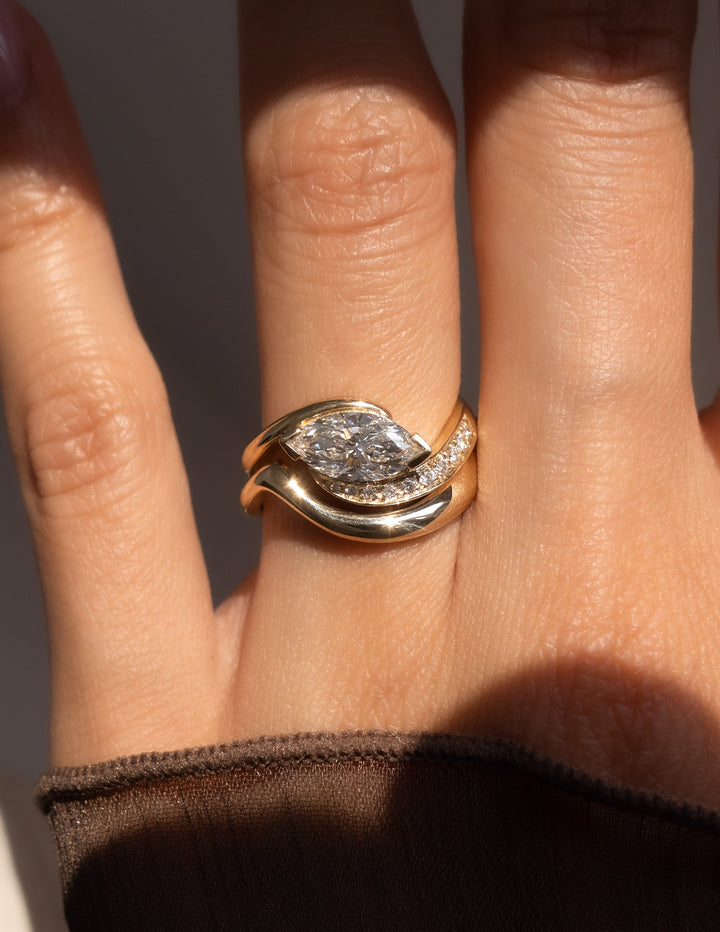 1.50CT East West Marquise Lab Grown Diamond Ring Yellow Gold Sculptural Pave Band