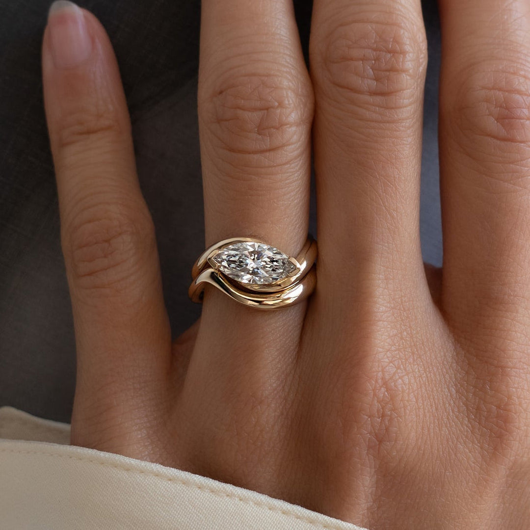1.50CT East West Marquise Half Bezel Lab Grown Diamond Ring Set Yellow Gold