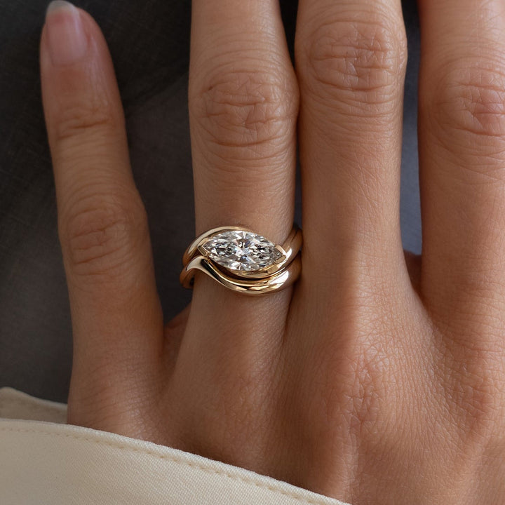 1.50CT East West Marquise Half Bezel Lab Grown Diamond Ring Set Yellow Gold
