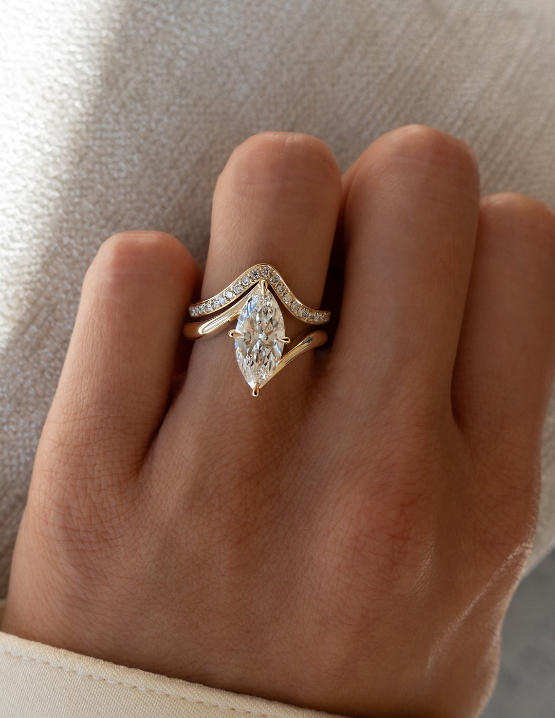 2.50CT Marquise Bypass Lab Grown Diamond Ring Yellow Gold Chevron Pave Band