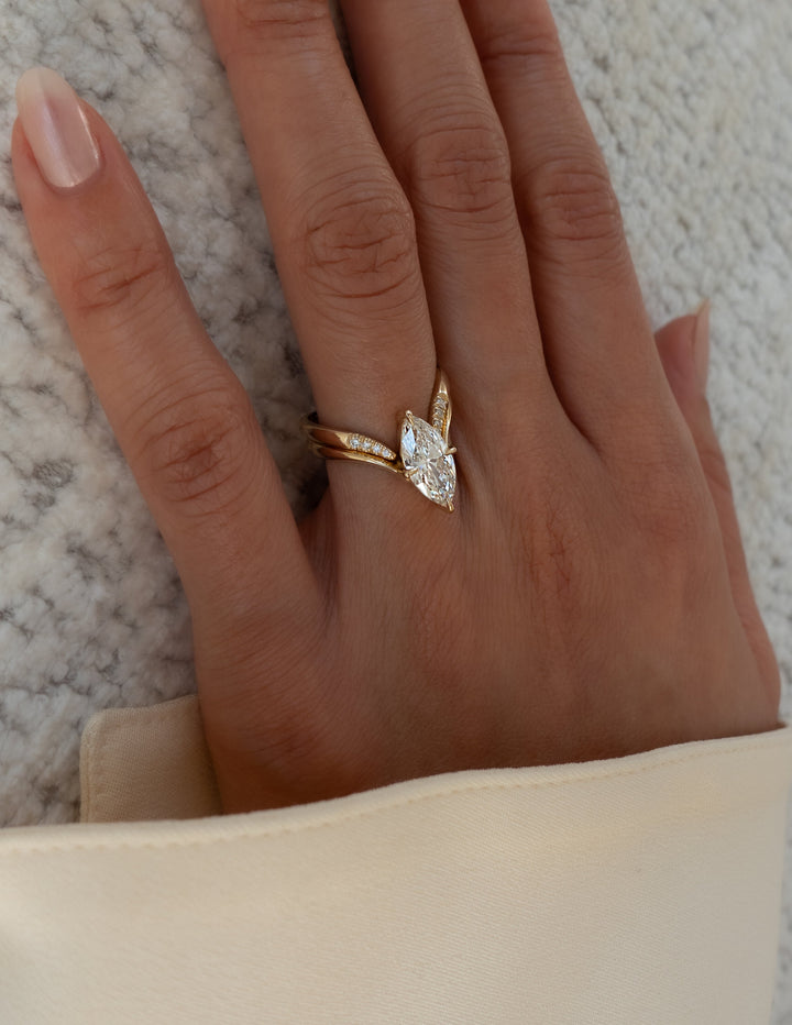 3.0CT Marquise Solitaire Lab Grown Diamond Ring Yellow Gold Chevron Pave Band