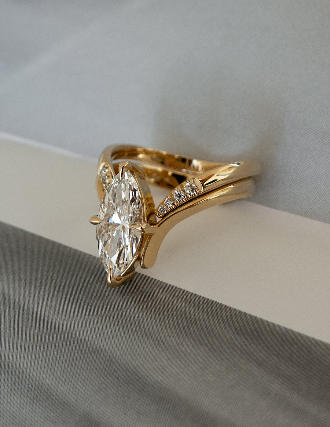 3.0CT Marquise Solitaire Lab Grown Diamond Ring Yellow Gold Chevron Pave Band