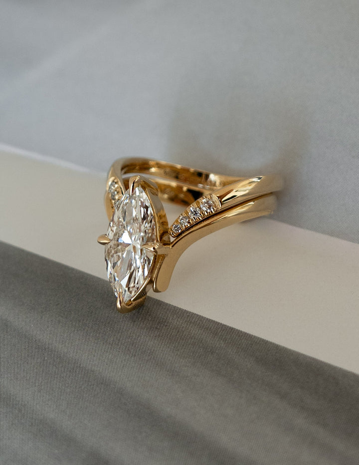 3.0CT Marquise Solitaire Lab Grown Diamond Ring Yellow Gold Chevron Pave Band