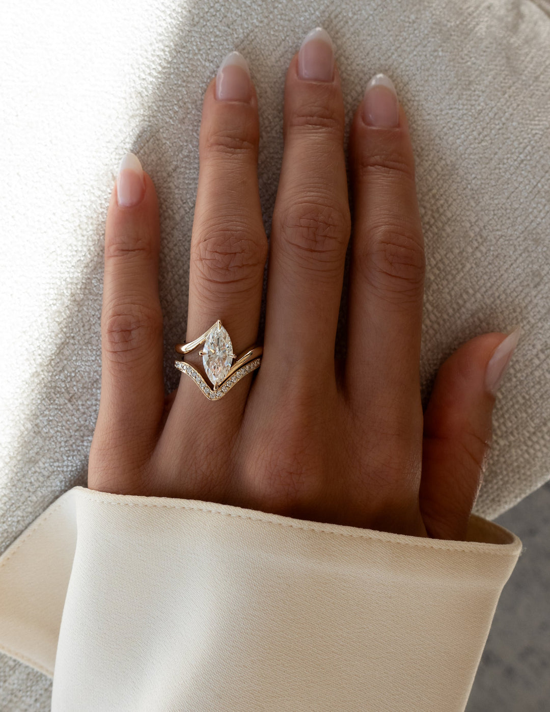 2.50CT Marquise Bypass Lab Grown Diamond Ring Yellow Gold Chevron Pave Band