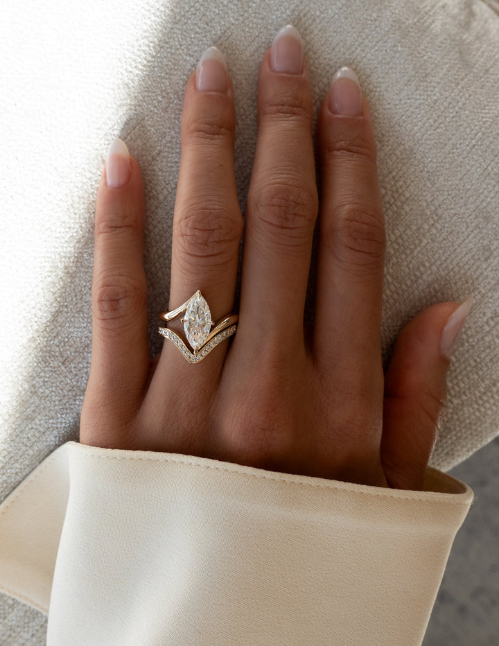 2.50CT Marquise Bypass Lab Grown Diamond Ring Yellow Gold Chevron Pave Band