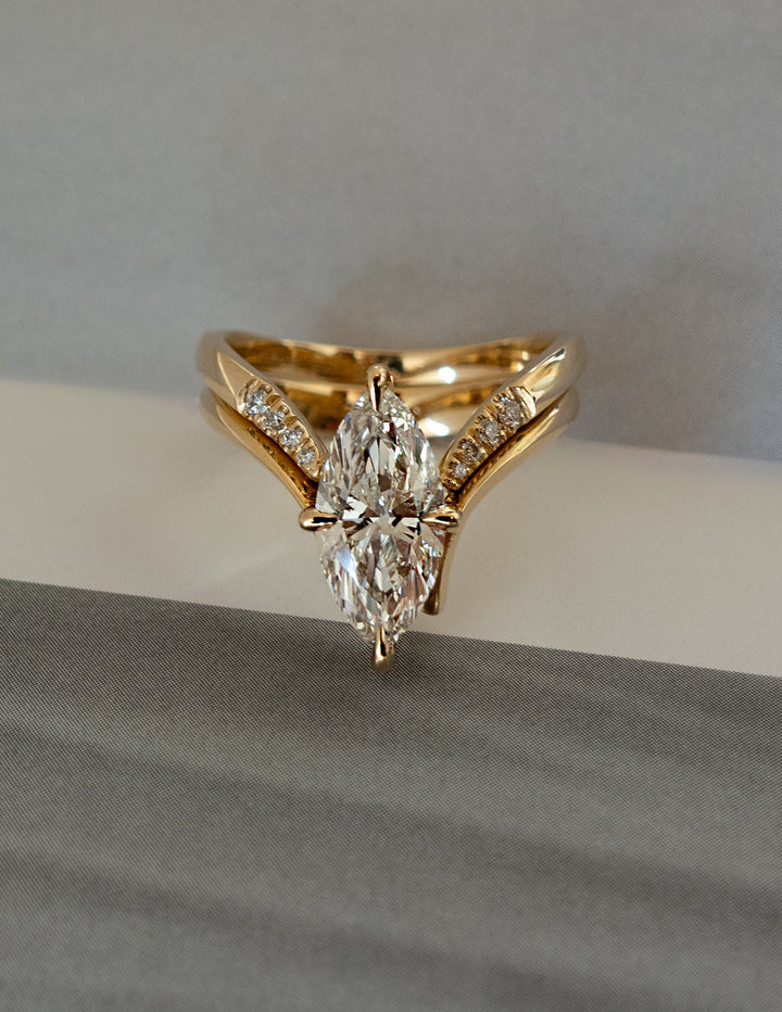 3.0CT Marquise Solitaire Lab Grown Diamond Ring Yellow Gold Chevron Pave Band