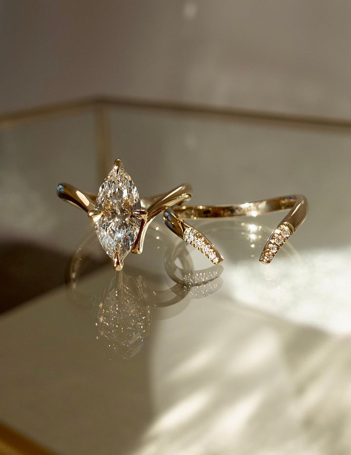 3.0CT Marquise Solitaire Lab Grown Diamond Ring Yellow Gold Chevron Pave Band