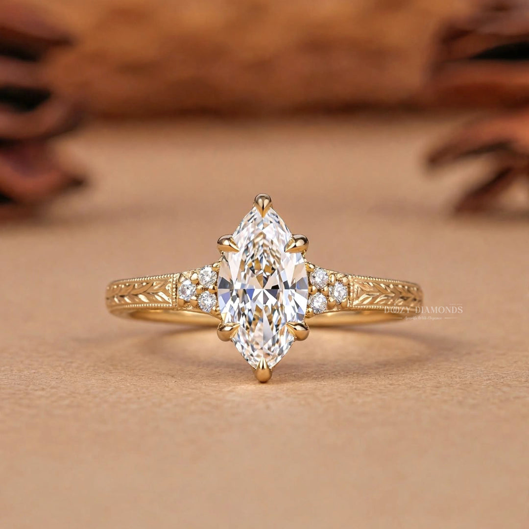 2.0CT Marquise E/VS2 Lab Grown Diamoind Engagement Ring, Engraved Gold Shoulder Accents