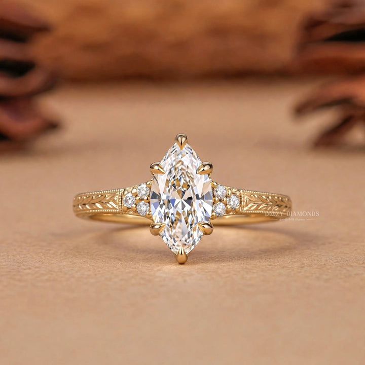 2.0CT Marquise E/VS2 Lab Grown Diamoind Engagement Ring, Engraved Gold Shoulder Accents