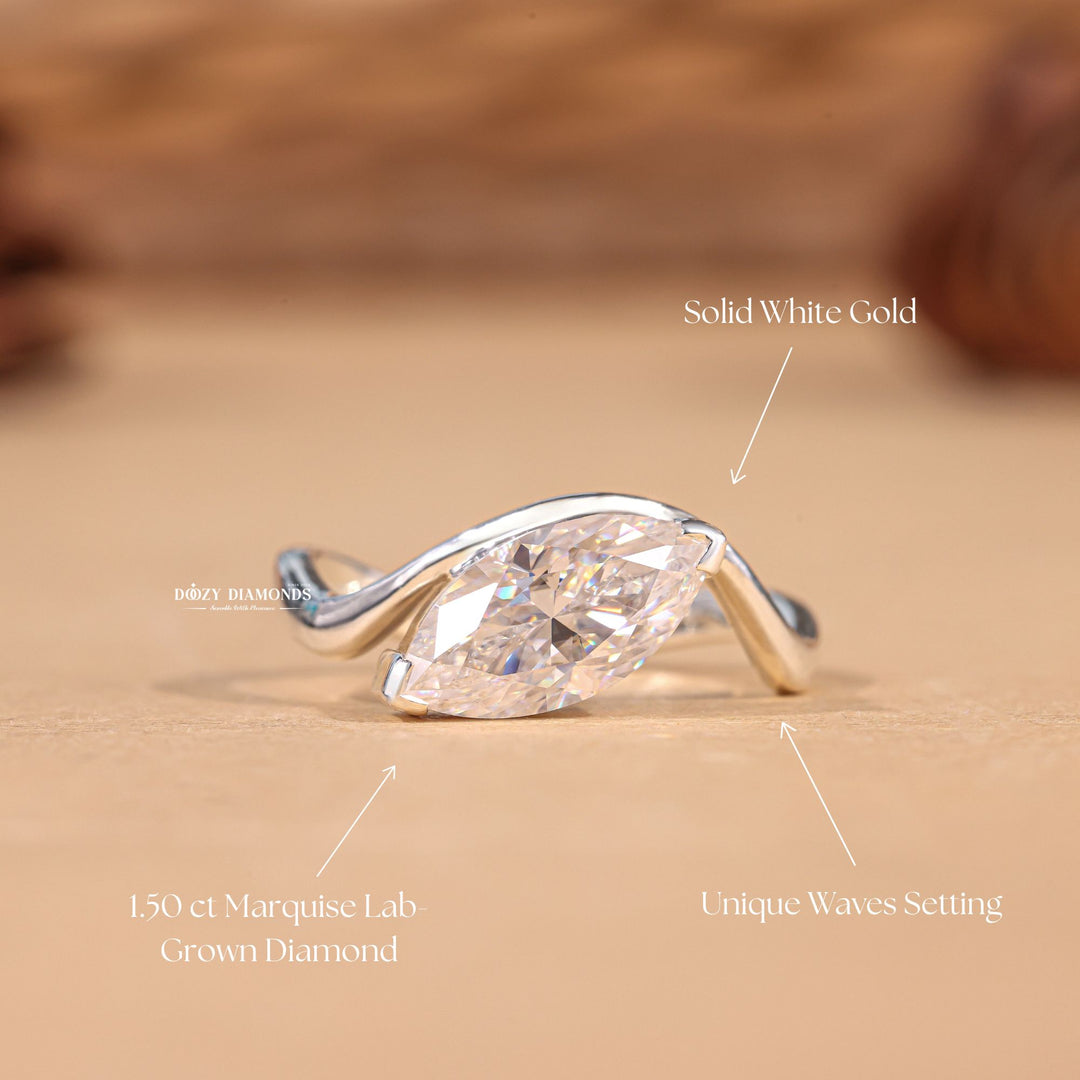Marquise solitaire diamond ring displayed on jewelry stand
