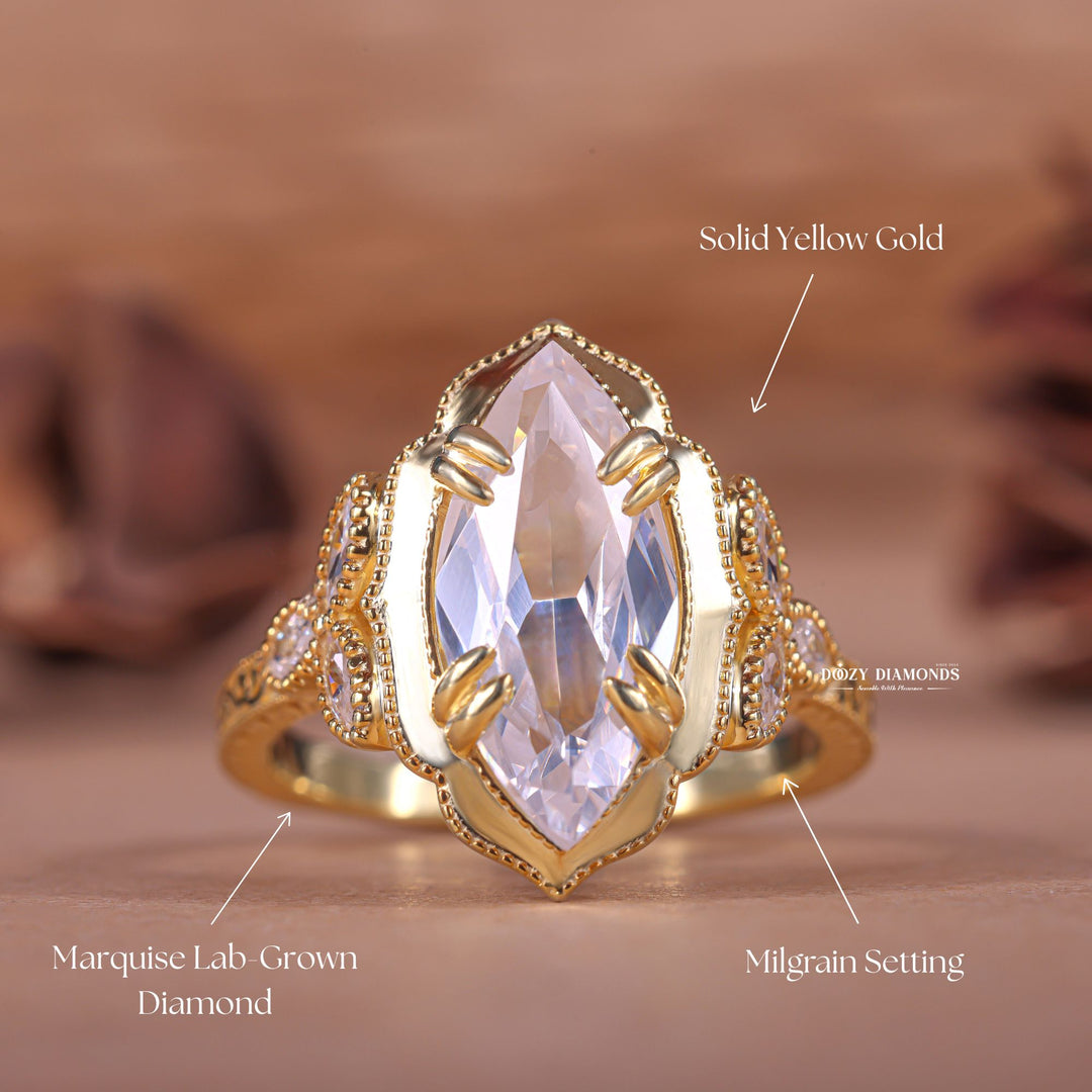 Marquise vintage lab grown diamond ring side profile in gold setting